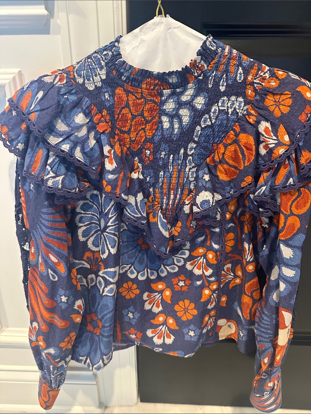 FARM Rio Navy, Orange & White Floral Smocked Long-Sleeve Top XS